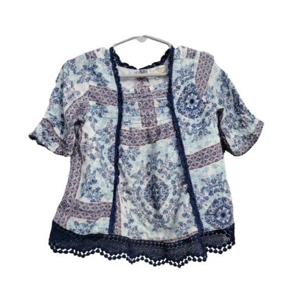 Jessica Simpson Top Crocheted Edging Mixed Print Blue White 3T - Picture 2 of 11